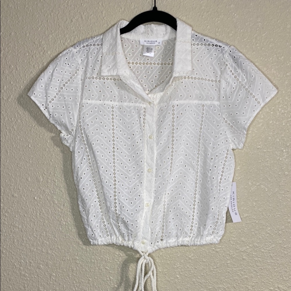 NWT Kirious White Eyelet Button-Up Top Size L